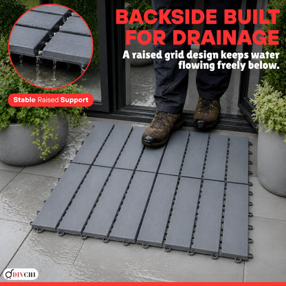 DIVCHI Composite Decking Tiles Set of 4 Interlocking Mat Outdoor Garden Deck Tiles Patio Flooring for Balcony Terrace (29.5 x 29.5 cm)