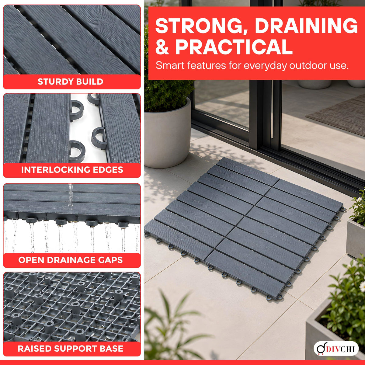 DIVCHI Composite Decking Tiles Set of 4 Interlocking Mat Outdoor Garden Deck Tiles Patio Flooring for Balcony Terrace (29.5 x 29.5 cm)