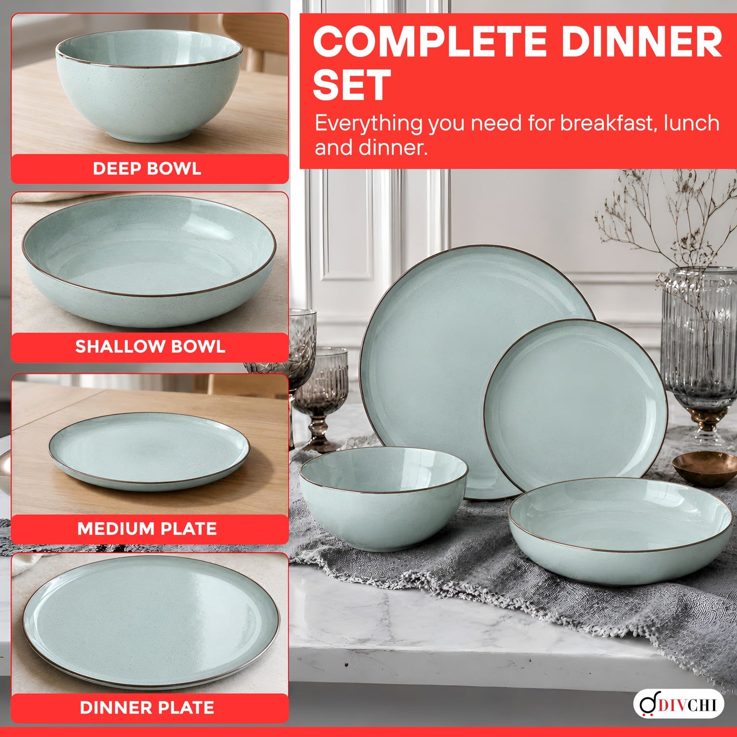 DIVCHI 16-Piece Dinner Set for 4 Ceramic Dinnerware Set