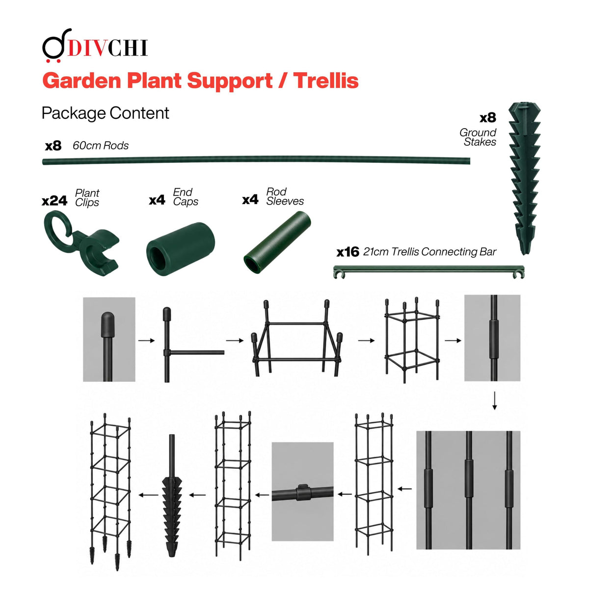 DIVCHI Tomato Plant Support Cage, Square Garden Trellis with Plants Support Clips & Stakes for Vertical Climbing Plants, Vegetables, Fruits, Flowers & Vines