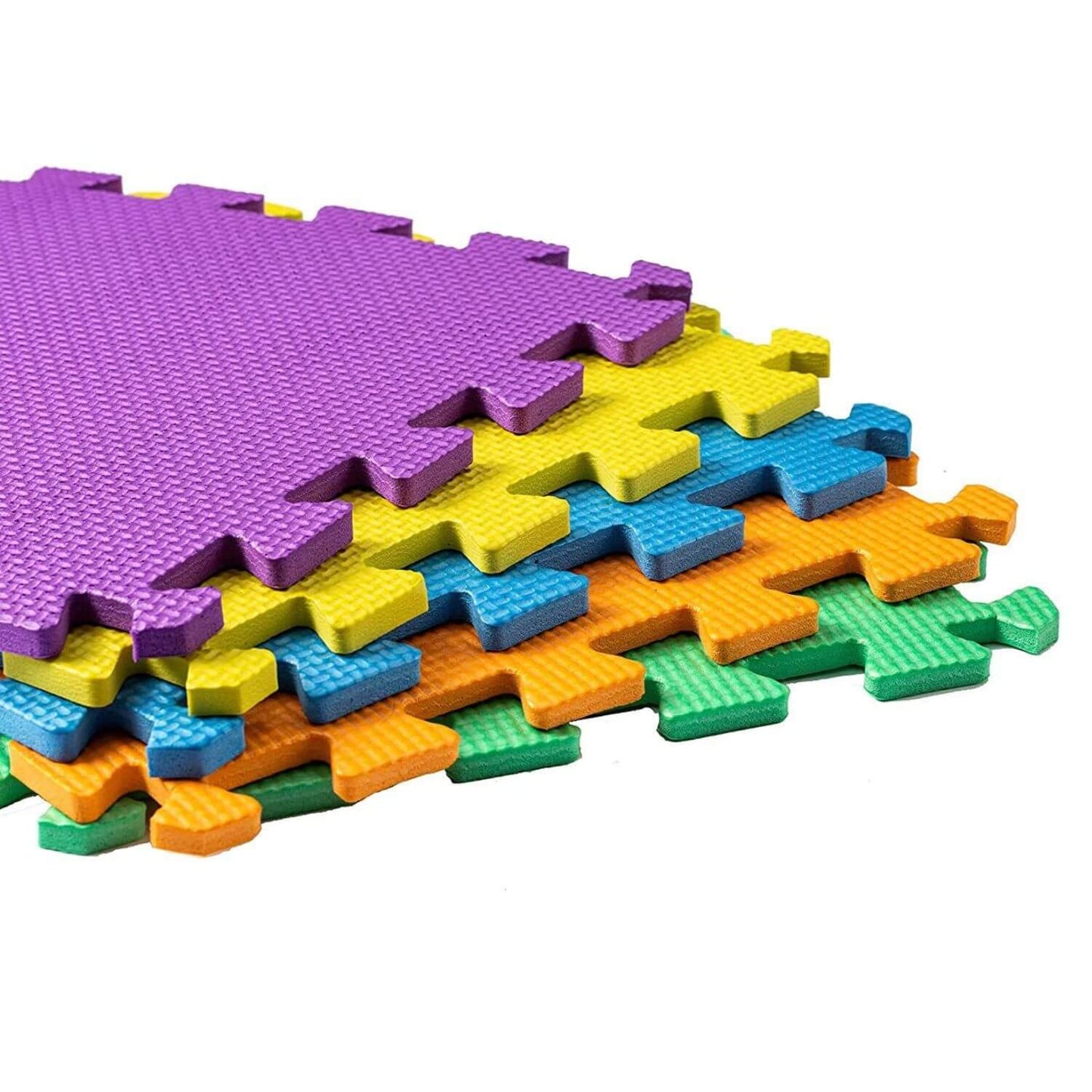 Stacked colorful EVA foam puzzle mats showing thickness and texture