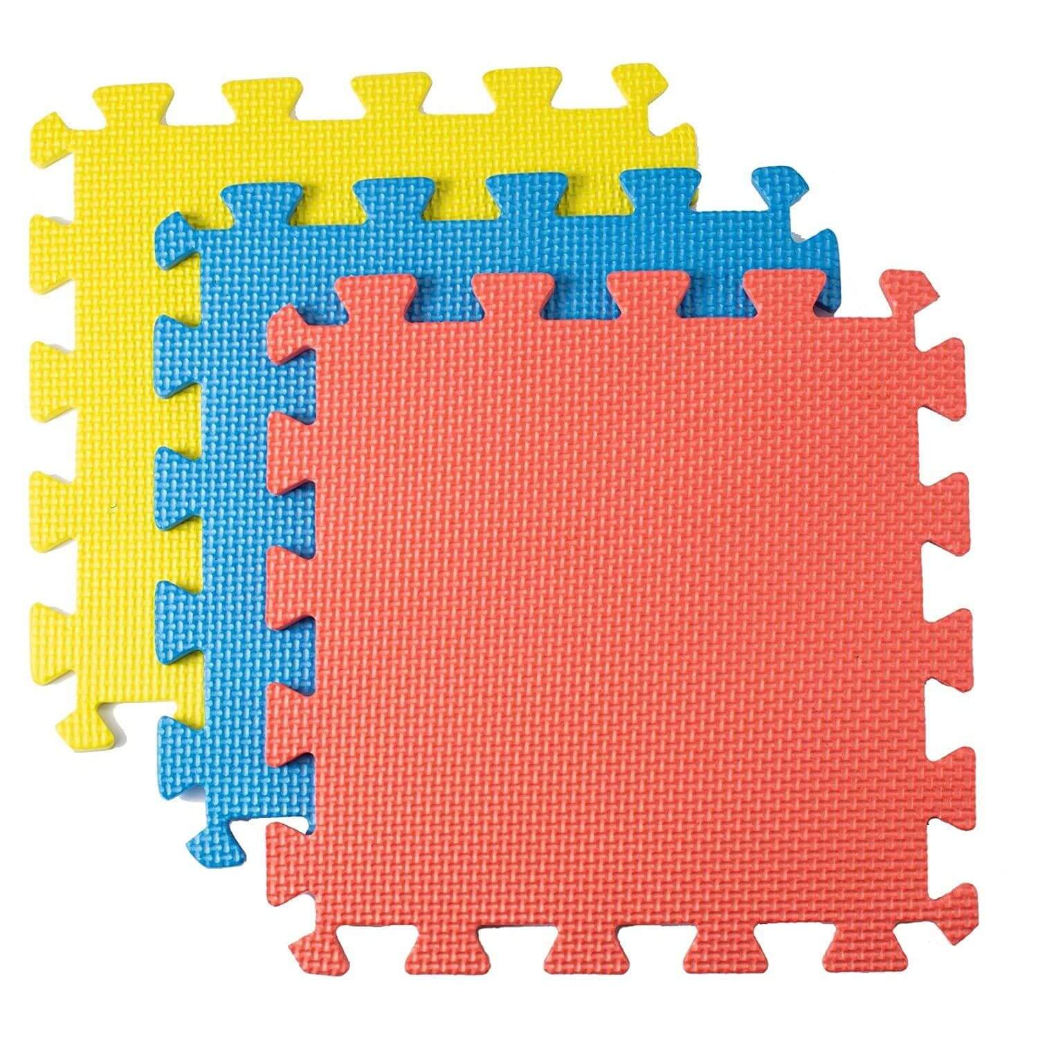 Set of 3 interlocking foam tiles in yellow, blue, and red for toddler play area