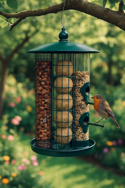 Bird Feeder for Small Wild Birds Coated Steel & Metal Seed Guard - Chew Proof 3-in-1 Triple Feeder for Seed, Nut, Suet Ball for Birds