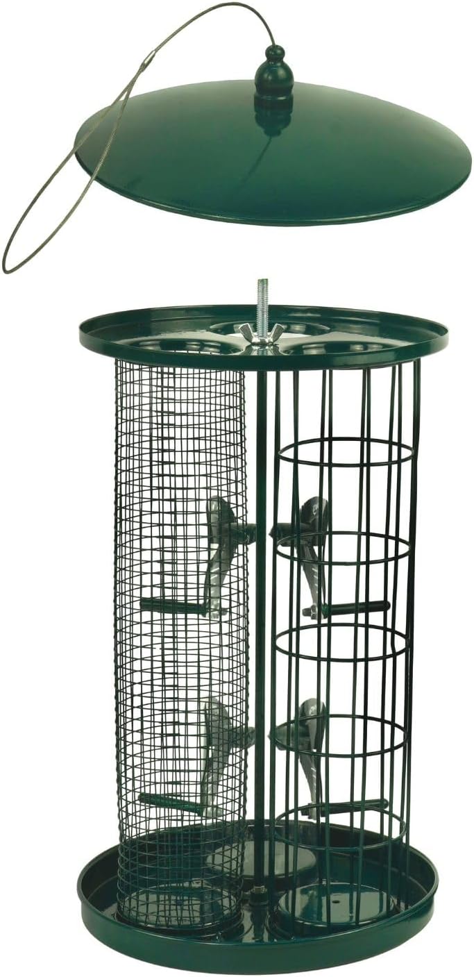 Bird Feeder for Small Wild Birds Coated Steel & Metal Seed Guard - Chew Proof 3-in-1 Triple Feeder for Seed, Nut, Suet Ball for Birds