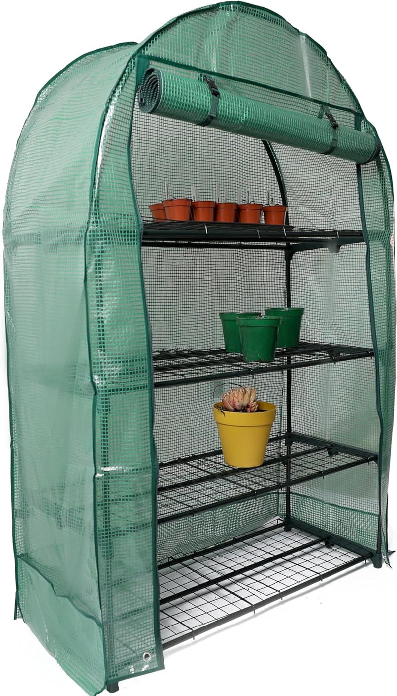 4 Tier Wide Greenhouse with Frame and Roll up Zip Panel Door Perfect for Garden