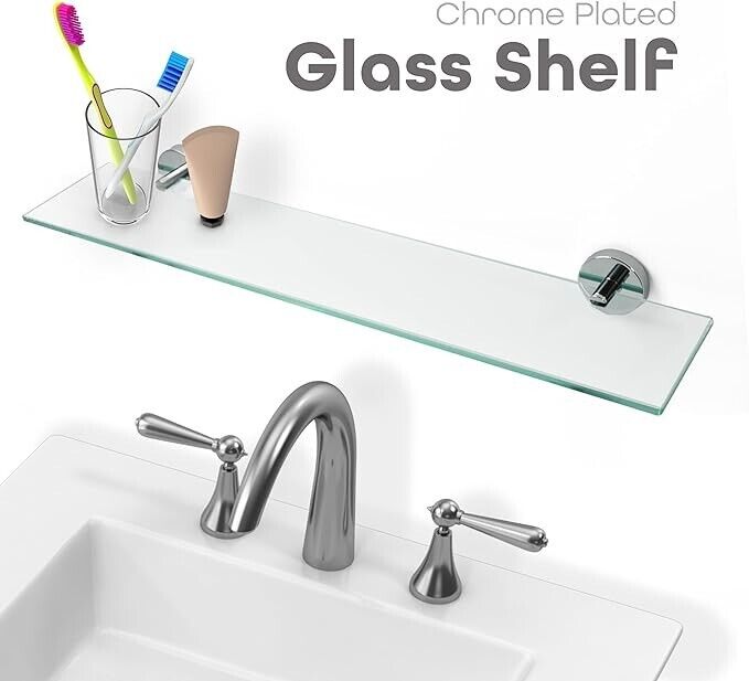 Clear Bathroom Glass Shelf Wall Mounted 5mm Tempered Transparent Chrome Plated