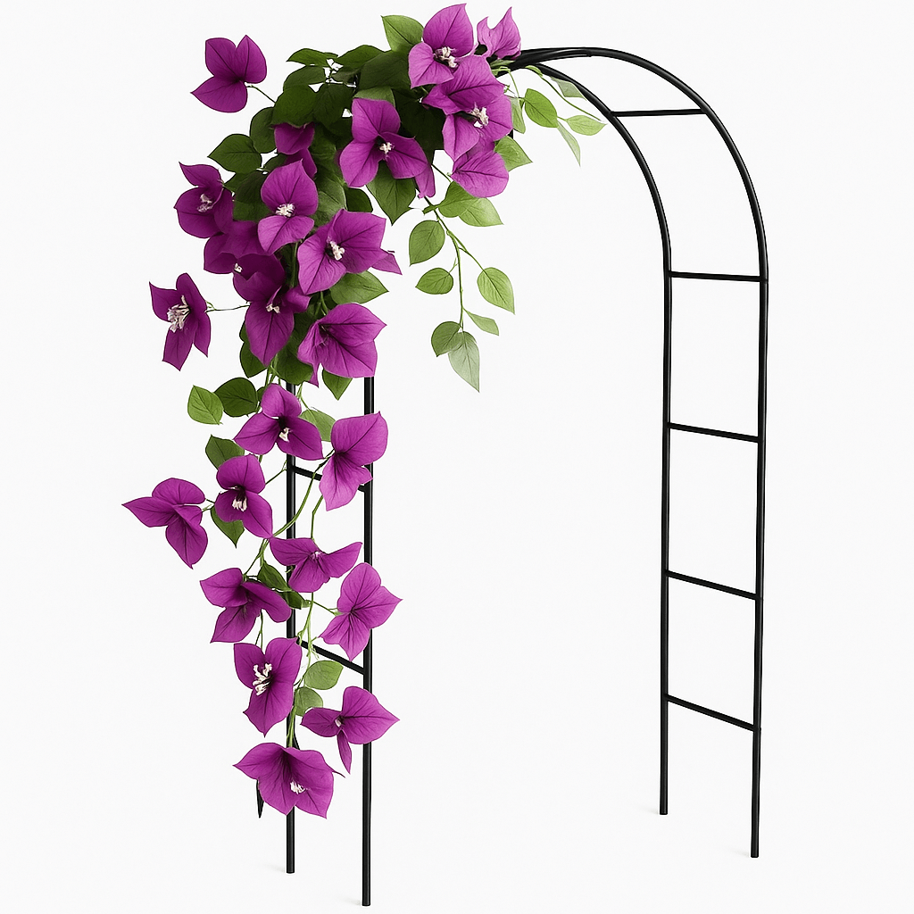Decorative garden arch with purple climbing flowers and black metal frame