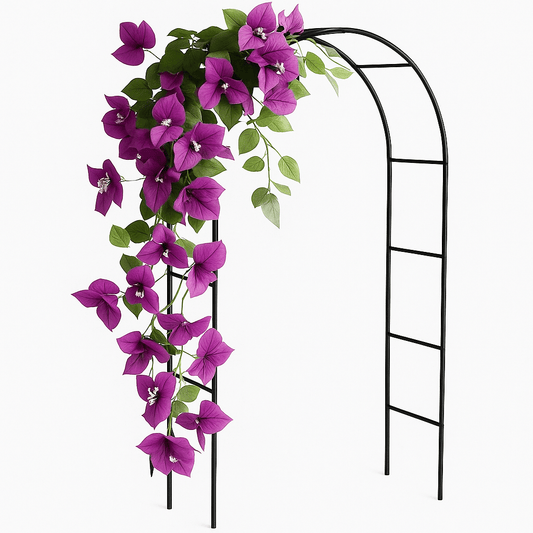 Decorative garden arch with purple climbing flowers and black metal frame