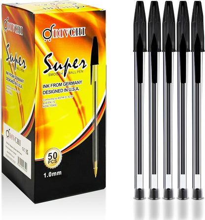 DIVCHI Black Ball Pen Pack of 50 Pens 1mm Fine Tip Quick Drying Pens Smooth Writing Professional Quality Pen for Home Office and School Use Long-Lasting Ink and Sleek Design(Black)