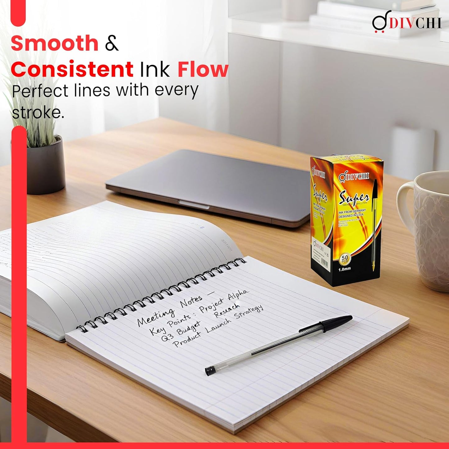 DIVCHI Black Ball Pen Pack of 50 Pens 1mm Fine Tip Quick Drying Pens Smooth Writing Professional Quality Pen for Home Office and School Use Long-Lasting Ink and Sleek Design(Black)