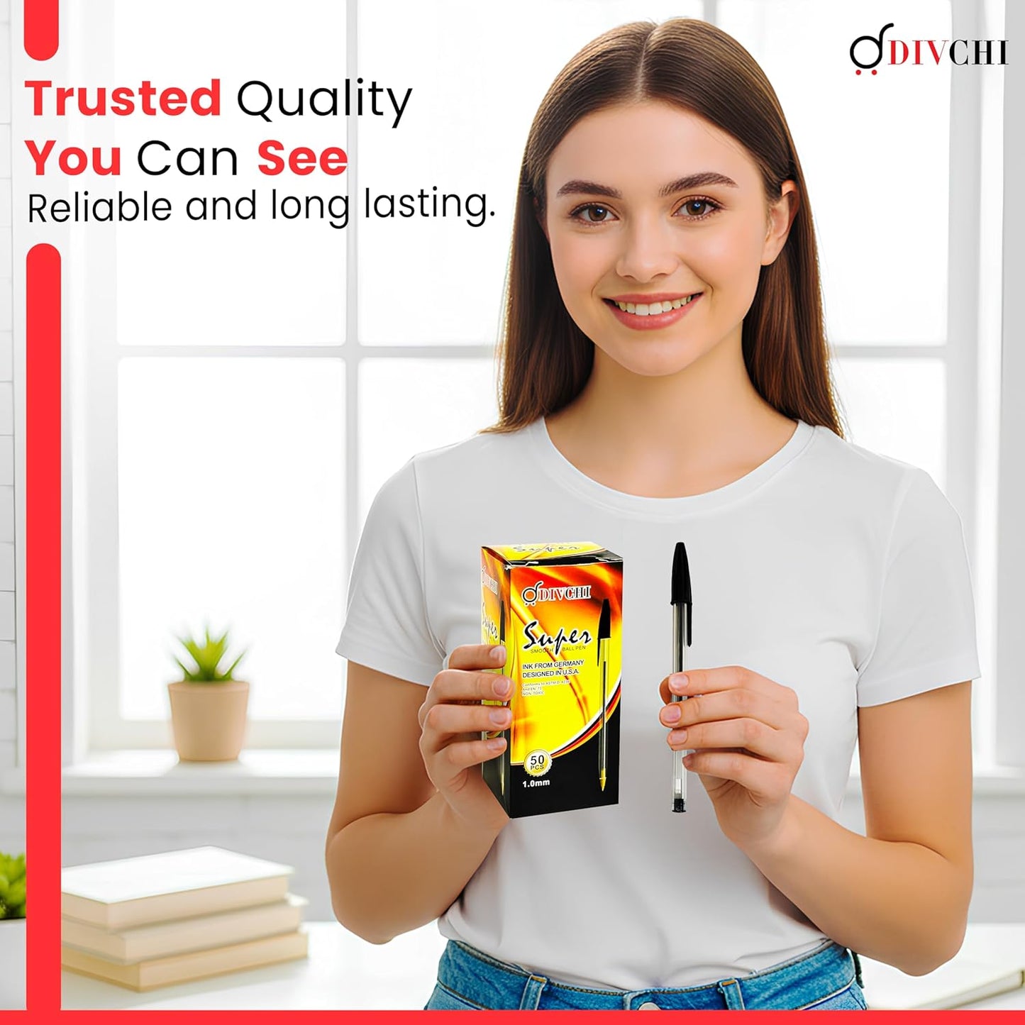 DIVCHI Black Ball Pen Pack of 50 Pens 1mm Fine Tip Quick Drying Pens Smooth Writing Professional Quality Pen for Home Office and School Use Long-Lasting Ink and Sleek Design(Black)