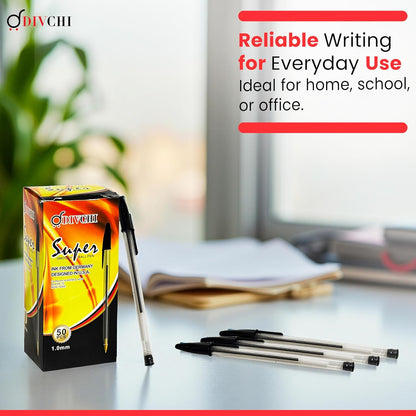 DIVCHI Black Ball Pen Pack of 50 Pens 1mm Fine Tip Quick Drying Pens Smooth Writing Professional Quality Pen for Home Office and School Use Long-Lasting Ink and Sleek Design(Black)