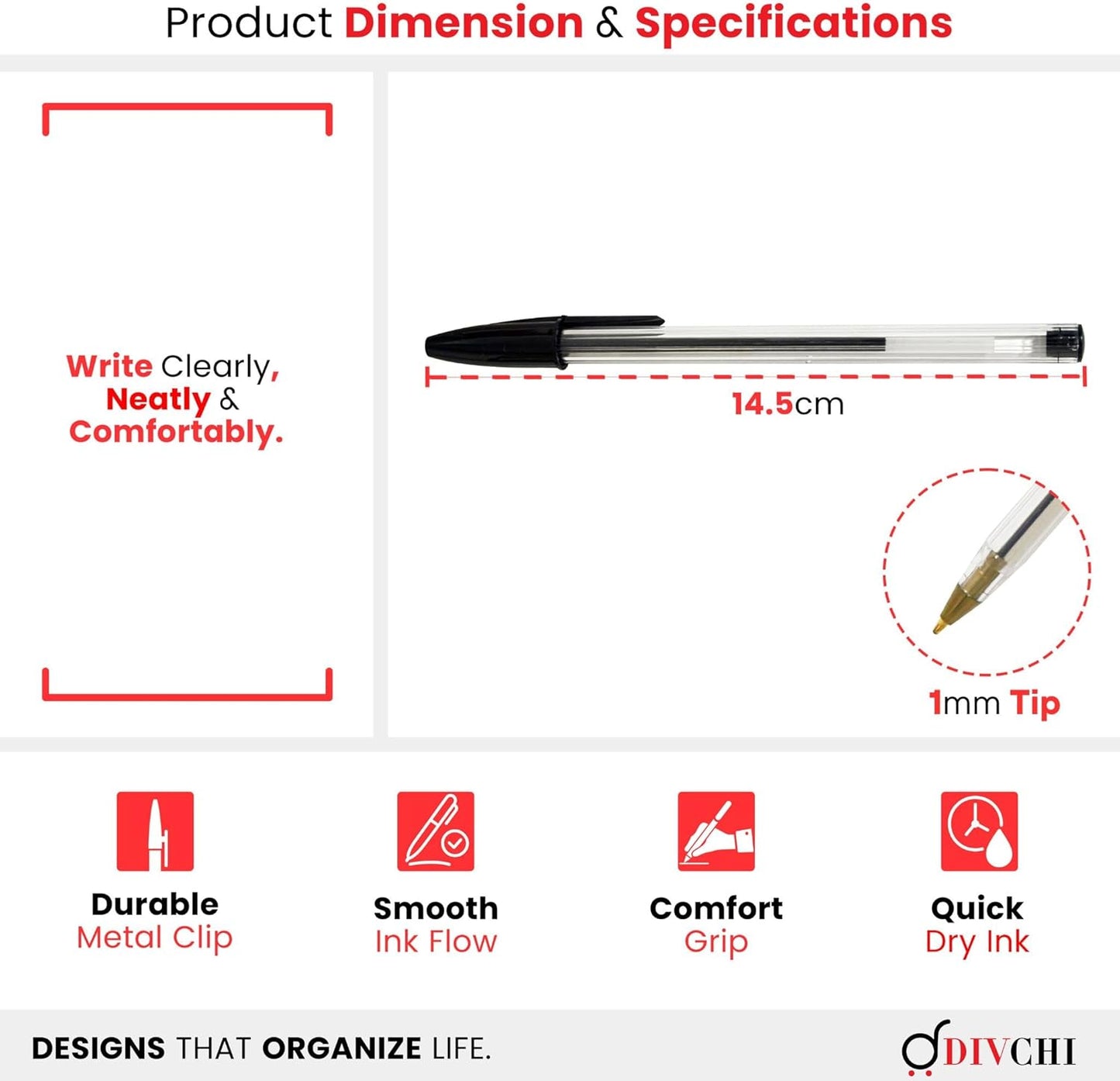 DIVCHI Black Ball Pen Pack of 50 Pens 1mm Fine Tip Quick Drying Pens Smooth Writing Professional Quality Pen for Home Office and School Use Long-Lasting Ink and Sleek Design(Black)