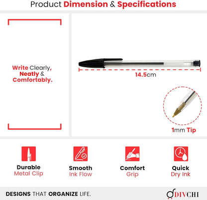 DIVCHI Black Ball Pen Pack of 50 Pens 1mm Fine Tip Quick Drying Pens Smooth Writing Professional Quality Pen for Home Office and School Use Long-Lasting Ink and Sleek Design(Black)