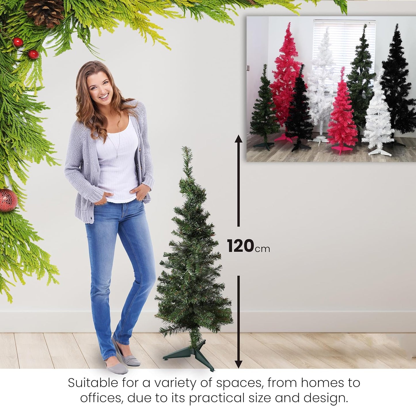 Woman standing next to a small Christmas tree with a measurement label, surrounded by festive decorations.