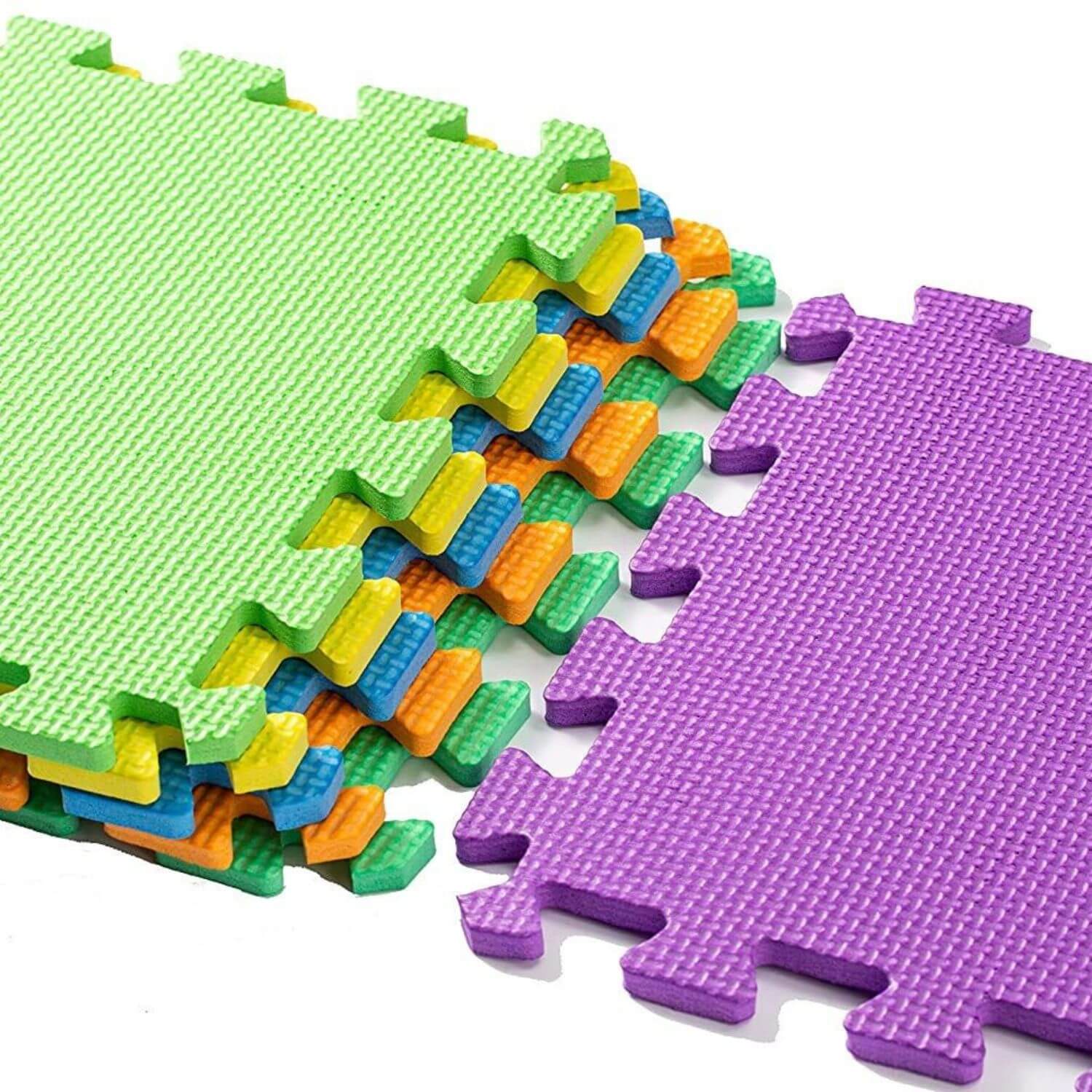 Close-up of green and purple EVA foam tiles with textured surface
