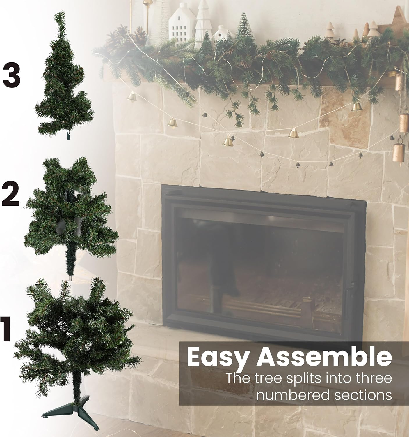 Decorative Christmas tree with sections labeled 1, 2, and 3 next to a fireplace.