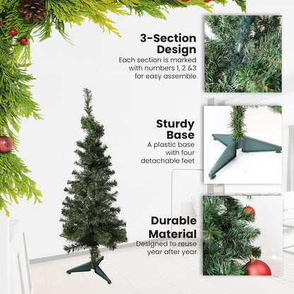 Decorative Christmas tree with text highlighting features like 3-section design, sturdy base, and durable material.