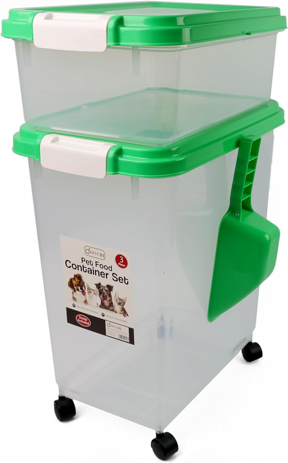 3-Pc Airtight Pet Food Storage Container With Plastic Measuring Scoop And Wheels - DIVCHI