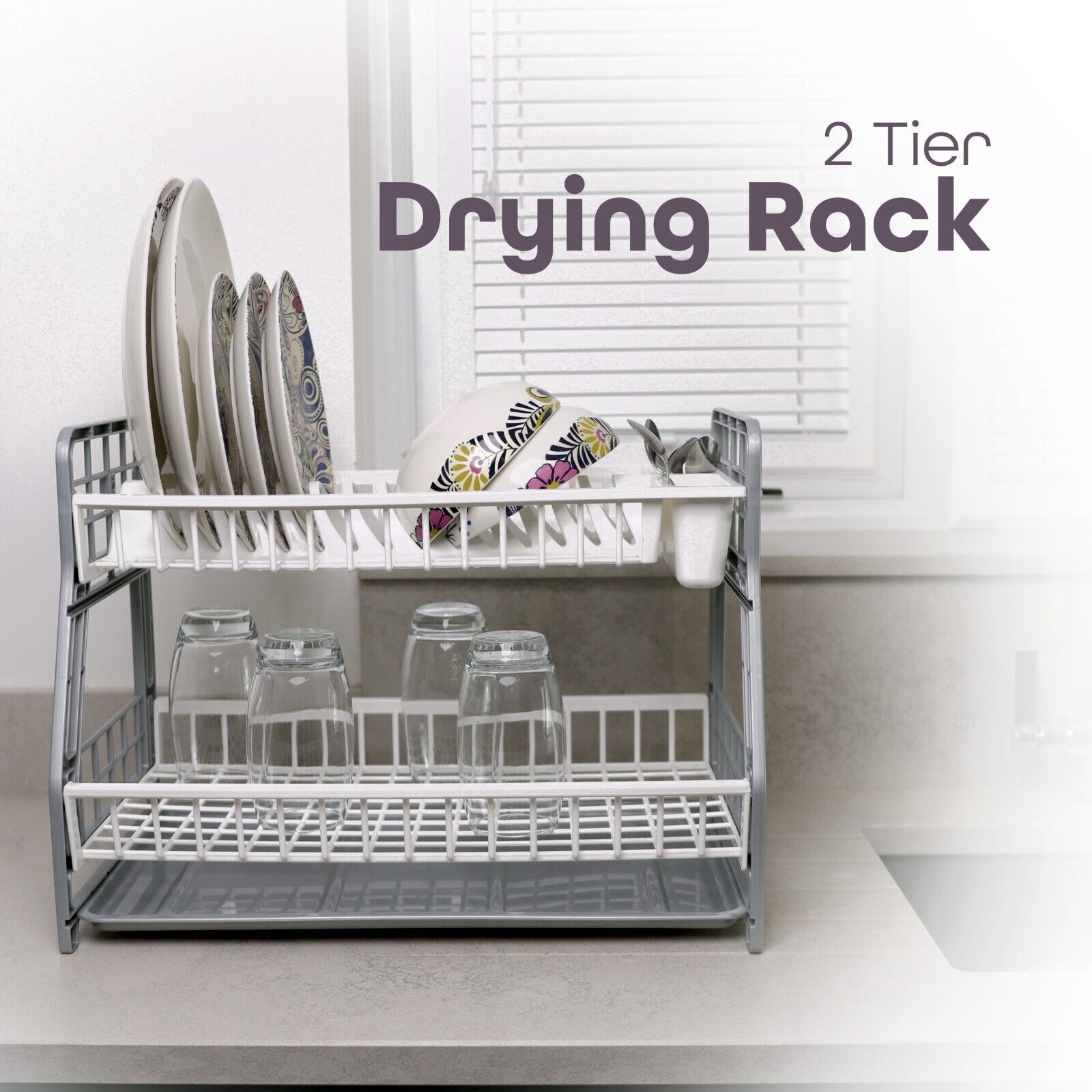 2 Tier Dish Drying Rack Large Capacity Drainer Utensil Holder Drain