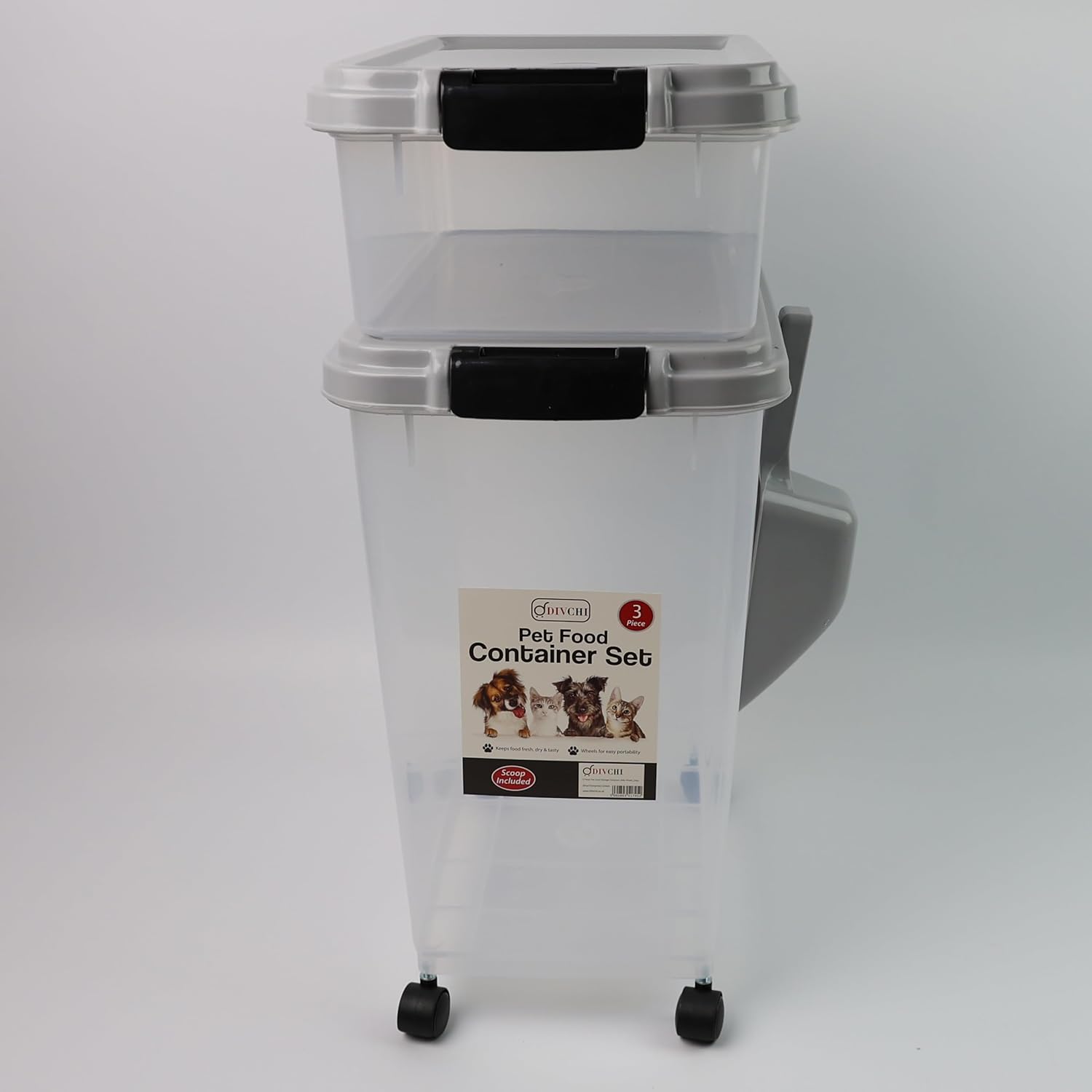 3-Pc Airtight Pet Food Storage Container With Plastic Measuring Scoop And Wheels - DIVCHI