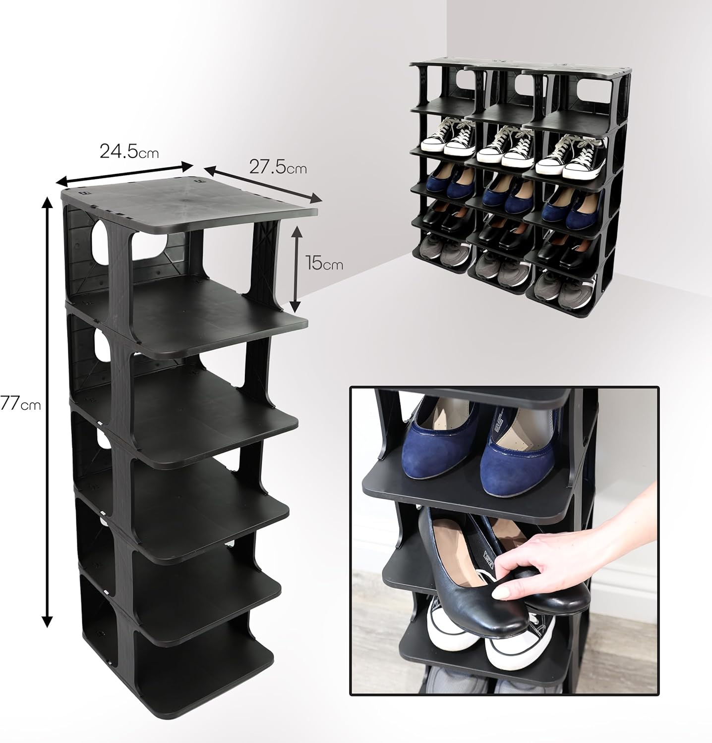 DIVCHI Shoe Rack 5 Tier Vertical Shoe Holder Stand Space-Saving Narrow Footwear Organiser Shelves For Entryway Living Room(Pack Of 2, Black)