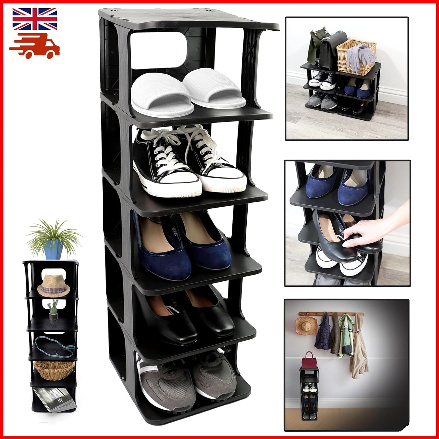 DIVCHI Shoe Rack 5 Tier Vertical Shoe Holder Stand Space-Saving Narrow Footwear Organiser Shelves For Entryway Living Room(Pack Of 2, Black)
