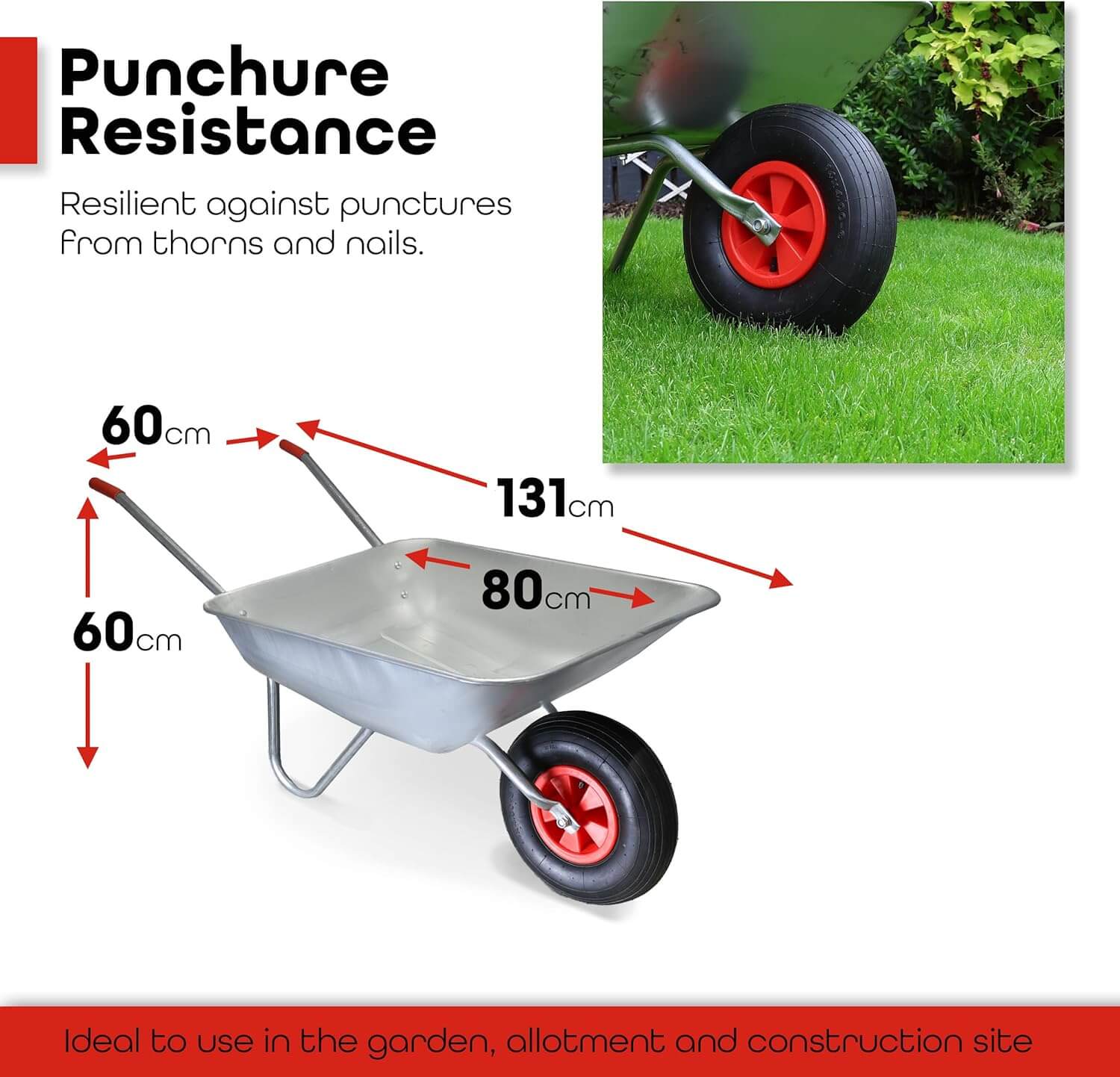 Heavy duty steel wheelbarrow with dimensions labeled, puncture-resistant pneumatic wheel, perfect for garden or construction use.