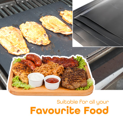 WISDOMWELL BBQ Grill Mat Set of 5 Non Stick Teflon Barbecue Baking Mats for Charcoal, Gas or Electric Grill - Heat Resistant, Reusable and Easy to Clean Free 12" BBQ Tongs and Silicone Brush