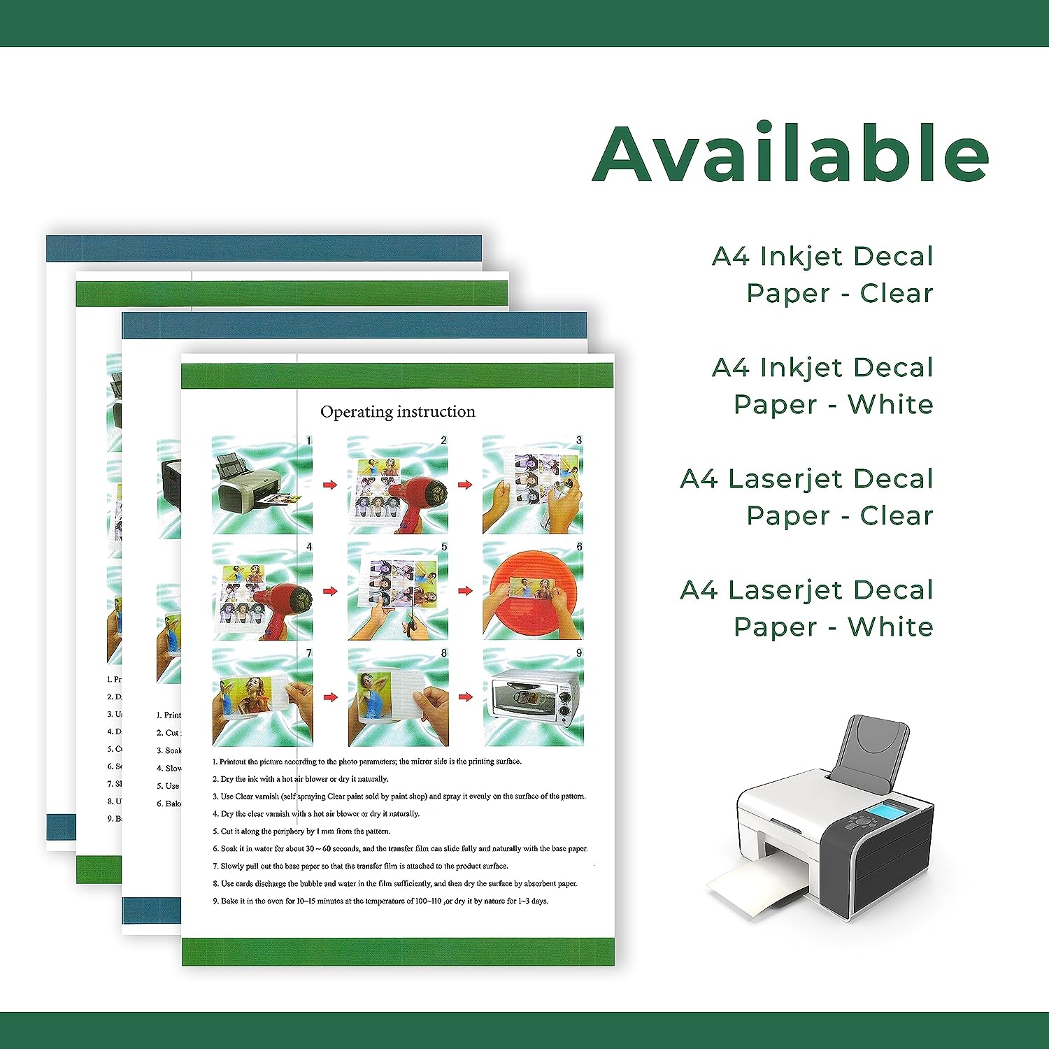 DIVCHI Water Slide Decal Paper A4 Size Inkjet and Laser Printer Decals