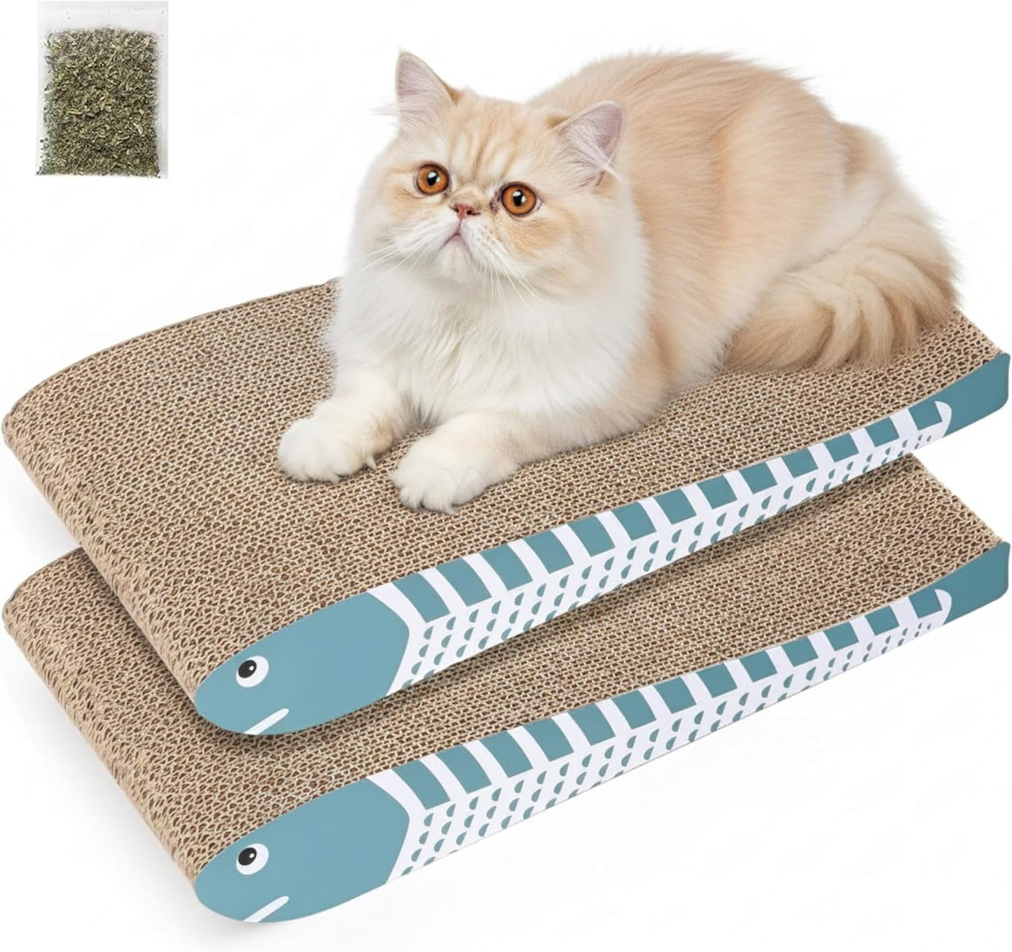 DIVCHI Cat Scratching Post Set of 2 Scratch Pad with Catnip Cardboard Cat Scratcher for Indoor Cats Double-Sided Usability Curved fish Shaped Printed Scratching Mat (Blue)