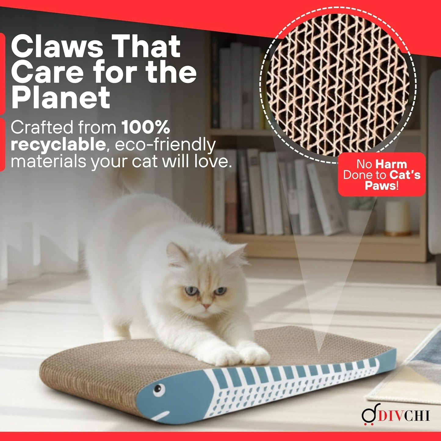 DIVCHI Cat Scratching Post Set of 2 Scratch Pad with Catnip Cardboard Cat Scratcher for Indoor Cats Double-Sided Usability Curved fish Shaped Printed Scratching Mat (Blue)