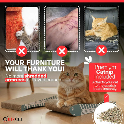 DIVCHI Cat Scratching Post Set of 2 Scratch Pad with Catnip Cardboard Cat Scratcher for Indoor Cats Double-Sided Usability Curved fish Shaped Printed Scratching Mat (Blue)