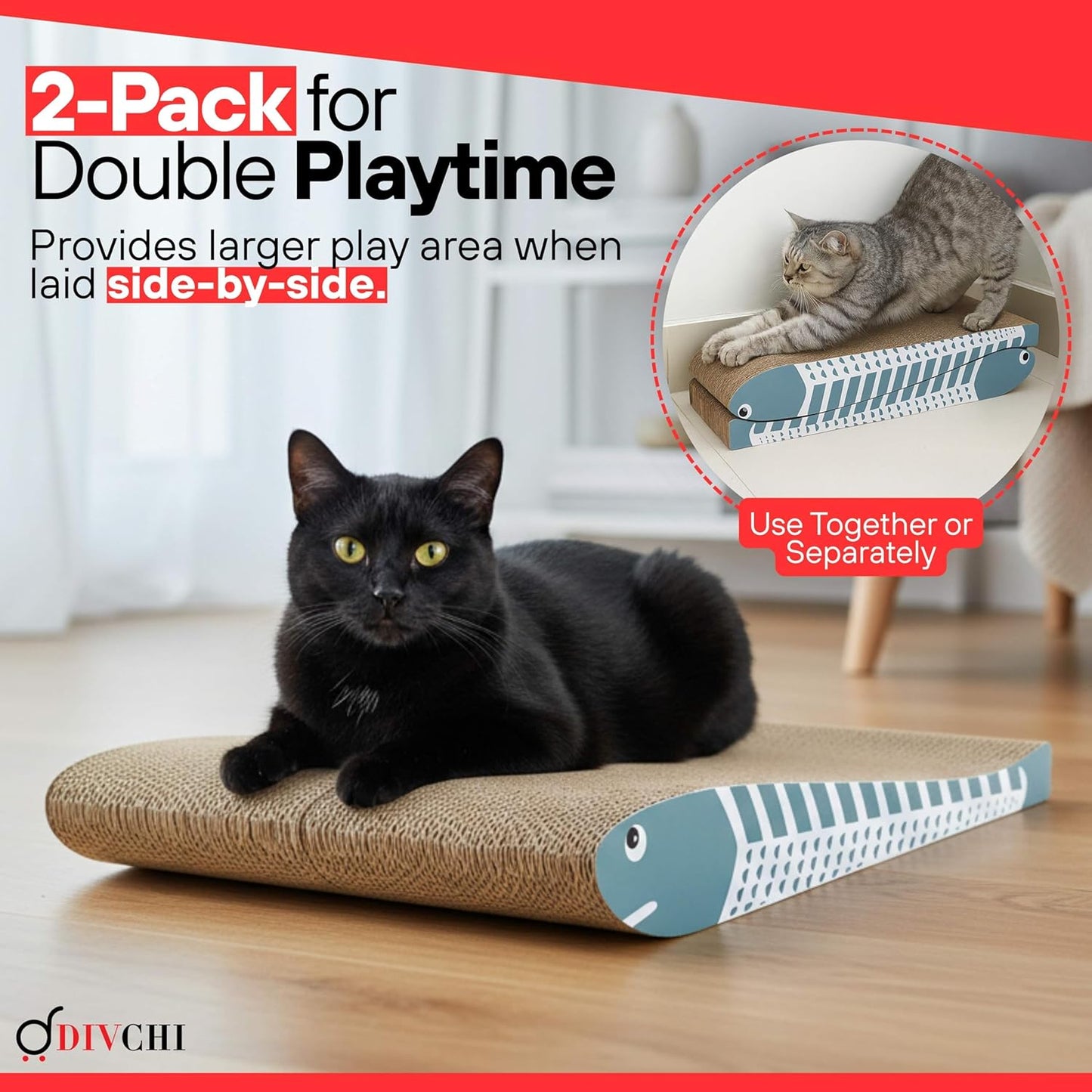 DIVCHI Cat Scratching Post Set of 2 Scratch Pad with Catnip Cardboard Cat Scratcher for Indoor Cats Double-Sided Usability Curved fish Shaped Printed Scratching Mat (Blue)