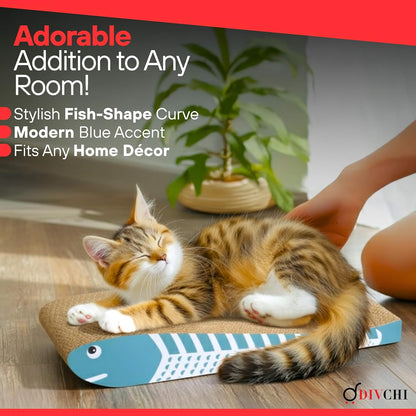 DIVCHI Cat Scratching Post Set of 2 Scratch Pad with Catnip Cardboard Cat Scratcher for Indoor Cats Double-Sided Usability Curved fish Shaped Printed Scratching Mat (Blue)