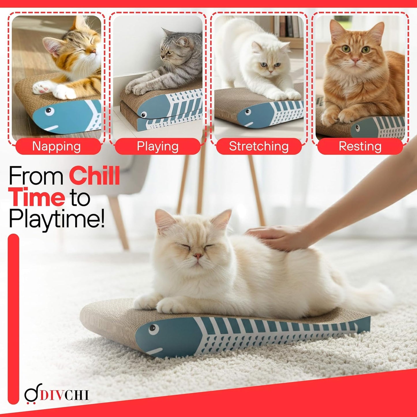 DIVCHI Cat Scratching Post Set of 2 Scratch Pad with Catnip Cardboard Cat Scratcher for Indoor Cats Double-Sided Usability Curved fish Shaped Printed Scratching Mat (Blue)