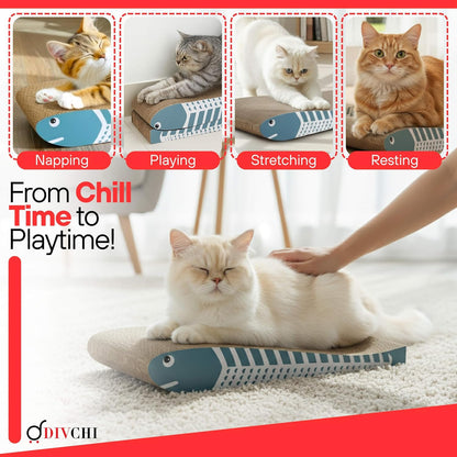 DIVCHI Cat Scratching Post Set of 2 Scratch Pad with Catnip Cardboard Cat Scratcher for Indoor Cats Double-Sided Usability Curved fish Shaped Printed Scratching Mat (Blue)