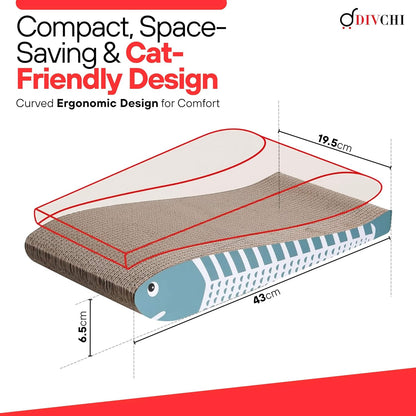 DIVCHI Cat Scratching Post Set of 2 Scratch Pad with Catnip Cardboard Cat Scratcher for Indoor Cats Double-Sided Usability Curved fish Shaped Printed Scratching Mat (Blue)