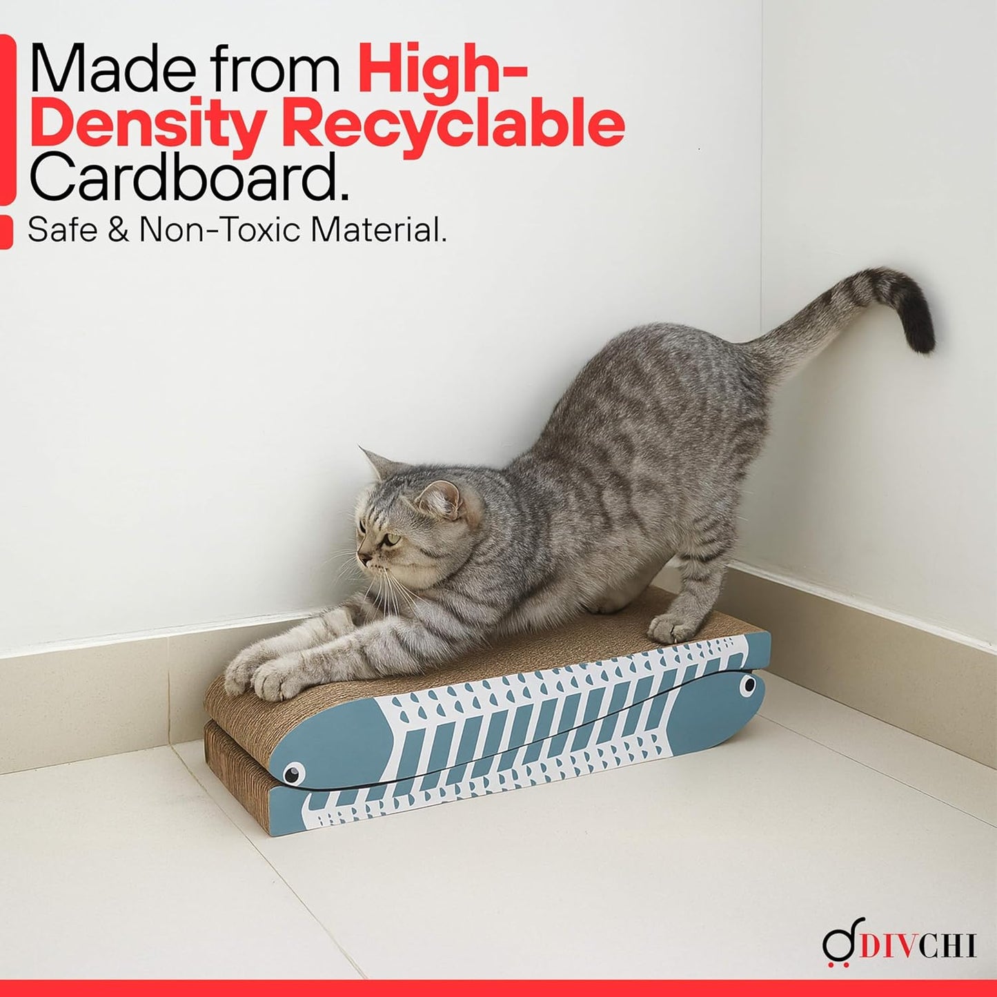 DIVCHI Cat Scratching Post Set of 2 Scratch Pad with Catnip Cardboard Cat Scratcher for Indoor Cats Double-Sided Usability Curved fish Shaped Printed Scratching Mat (Blue)