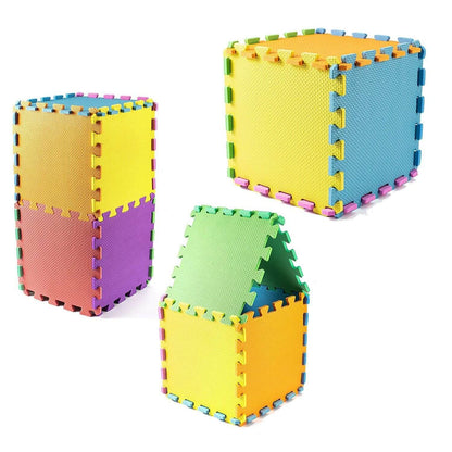 Creative foam mat assembly examples: cube, house, and tower shapes