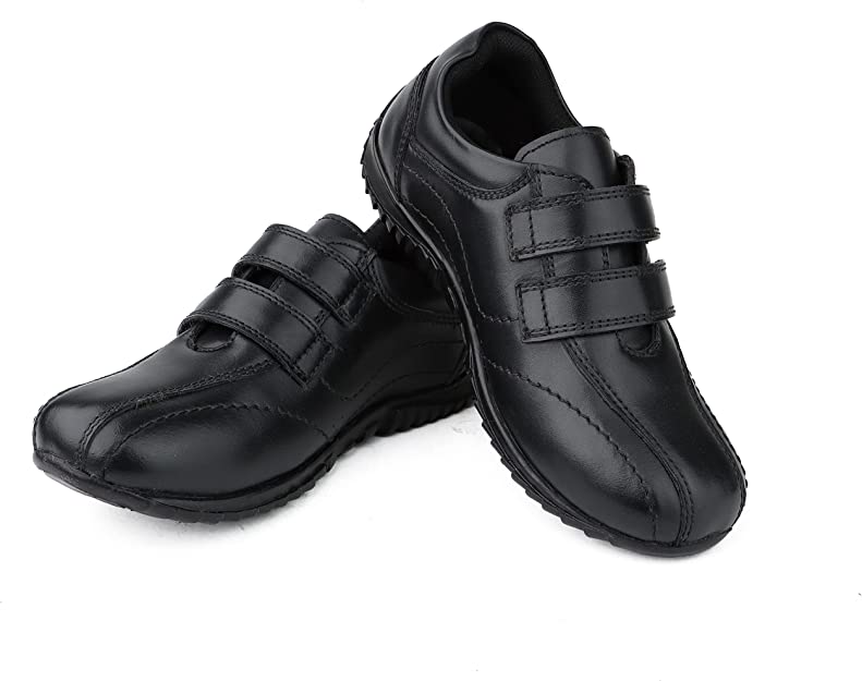 DIVCHI Boys Girls School Shoes Black Leather Easy Touch Fasten Shoes for Kids