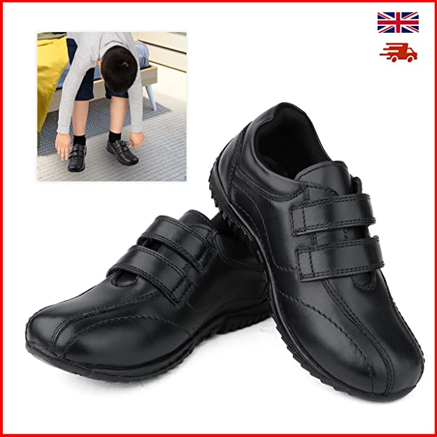 DIVCHI Boys Girls School Shoes Black Leather Easy Touch Fasten Shoes for Kids