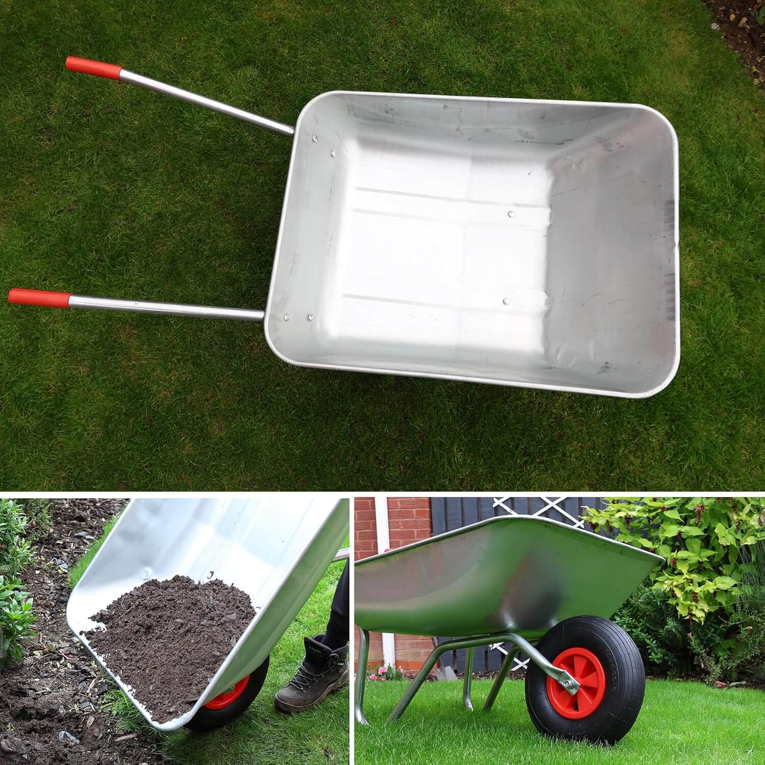 Top view of large stainless steel wheelbarrow with soil, highlighting spacious tray and sturdy construction.