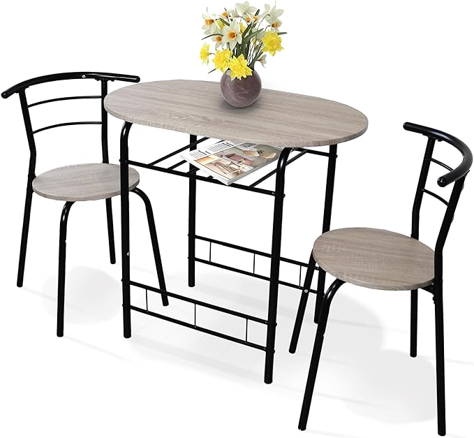 3 Piece Dining Table & Chairs Set With Storage Shelf And Wine Rack Modern Breakfast Bar Table - DIVCHI