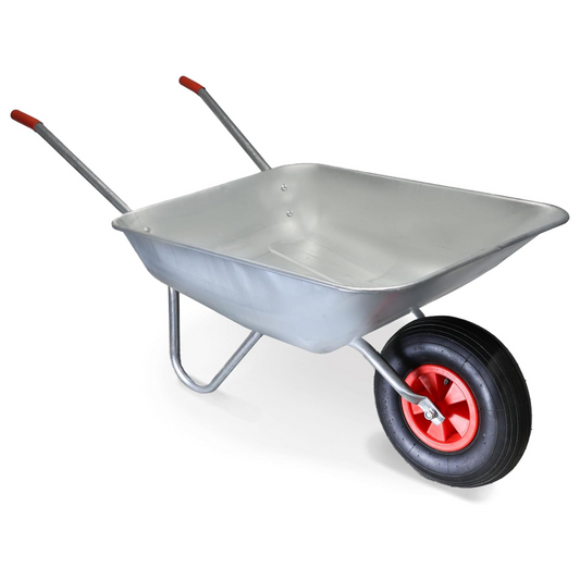 Metal wheelbarrow with a single wheel on a white background