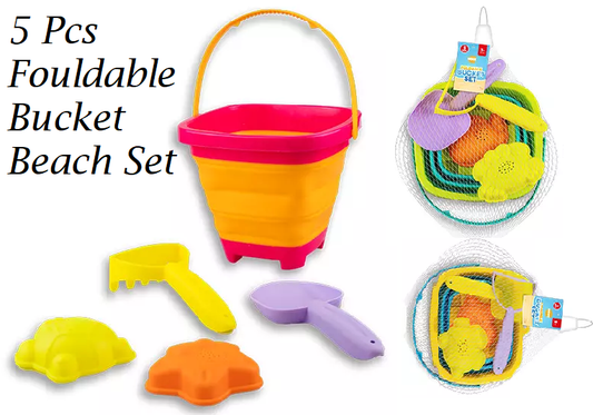 5 Pcs Foldable Beach Bucket set with 2 Moulds Perfect for Kids Beach Day - DIVCHI