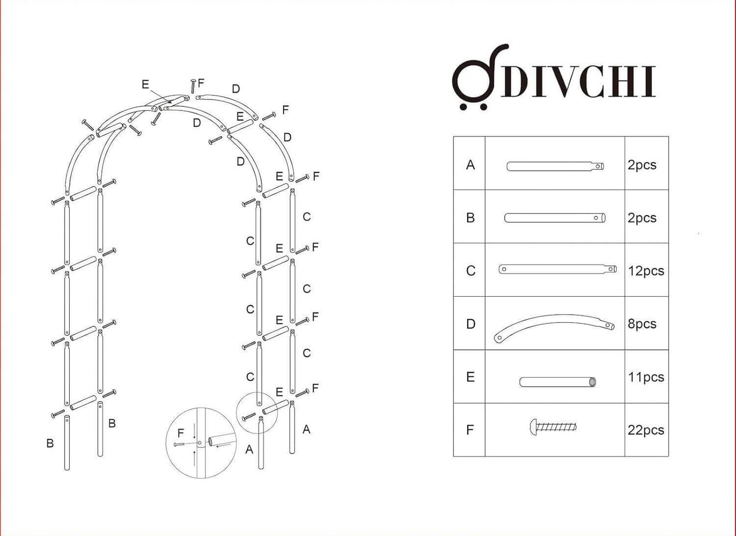Garden arch instruction manual showing part labels and assembly guide with screw set