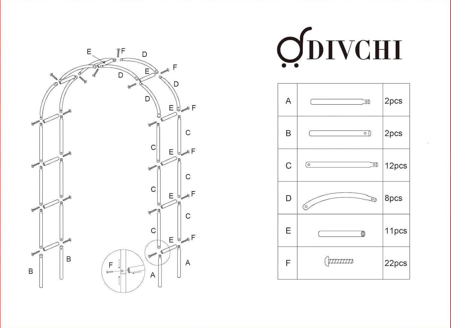 Garden arch instruction manual showing part labels and assembly guide with screw set