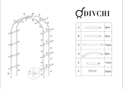 Garden arch instruction manual showing part labels and assembly guide with screw set