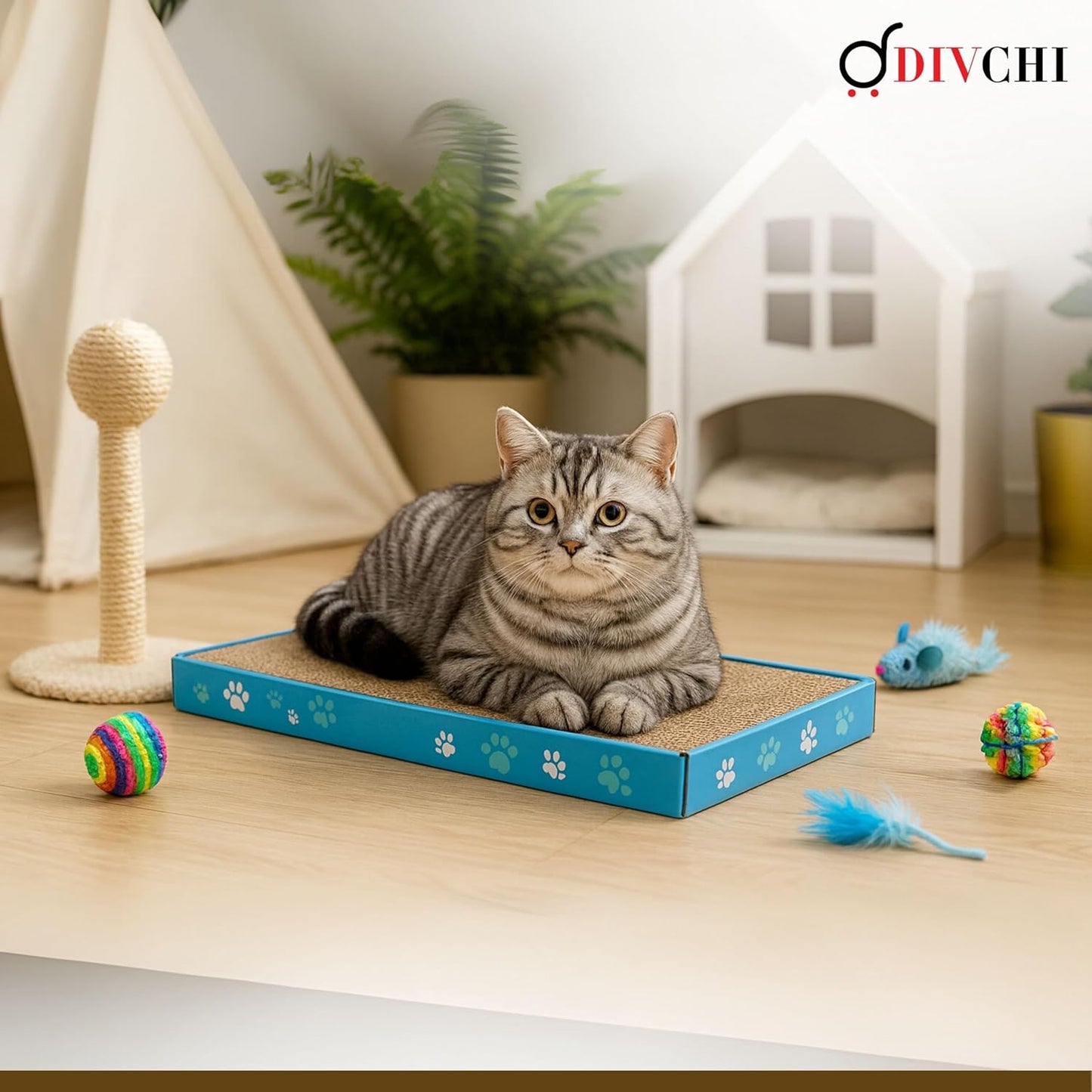 DIVCHI Cat Scratching Post Scratch Pad with Catnip, Cardboard Double-Sided Usability Paw Printed Scratching Mat for Cats Posts for Indoor